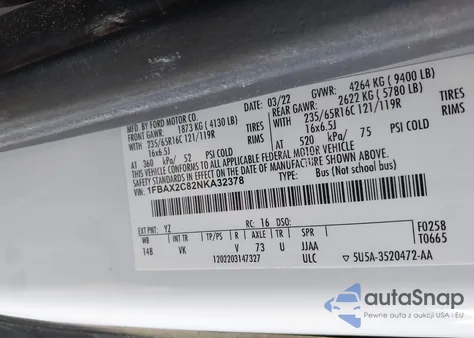 2022 Ford Transit-350 Passenger Van Xl from USA, damaged, VIN 1FBAX2C82NKA32378